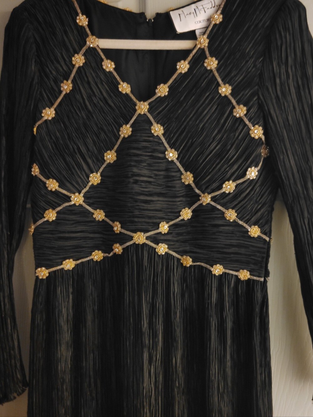 RARE Vintage Mary McFadden Couture Black Pleated 80's Gown Gold Beads Sz 4 - Picture 3 of 10